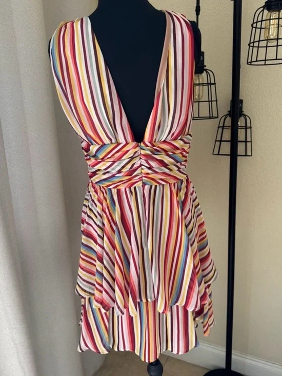 WAYF NWT Striped Ruffle Mini Dress Medium Ruched Feminine - Picture 5 of 7